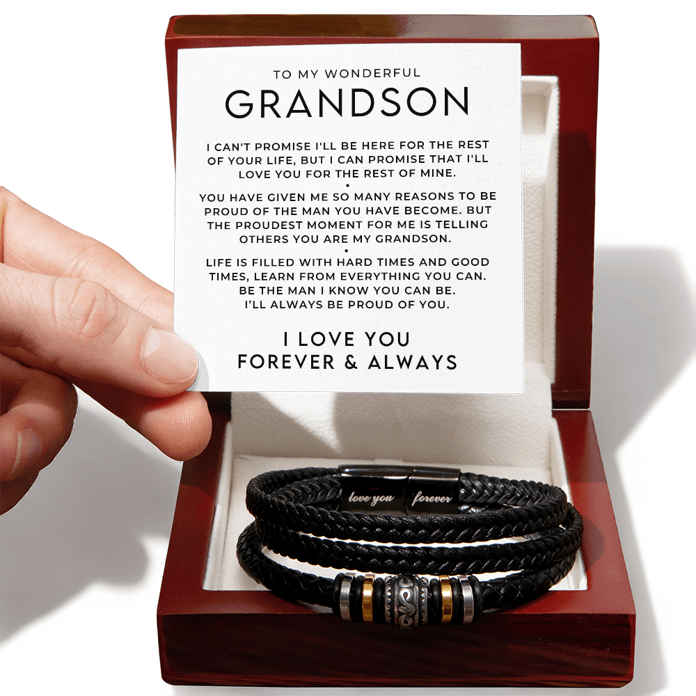 meaningful gift for grandson, leather bracelet and message card in luxury wooden keepsake box.