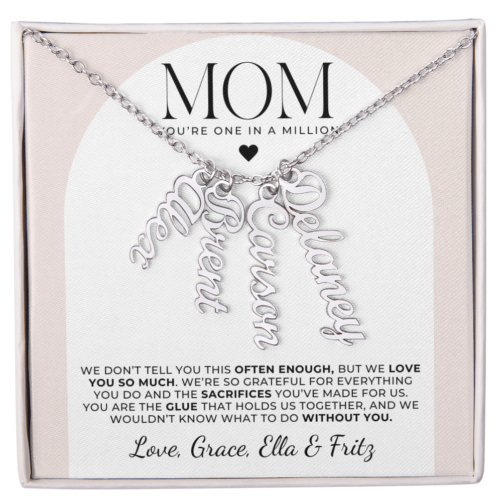 Personalized 4 name necklace for mom with multiple names suspended from a silver chain, presented in a complimentary gift box with a message card for Mother’s Day.