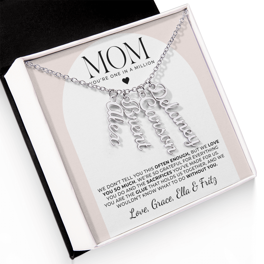 Personalized 4 name necklace for mom with multiple names suspended from a silver chain, presented in a complimentary gift box with a message card for Mother’s Day.