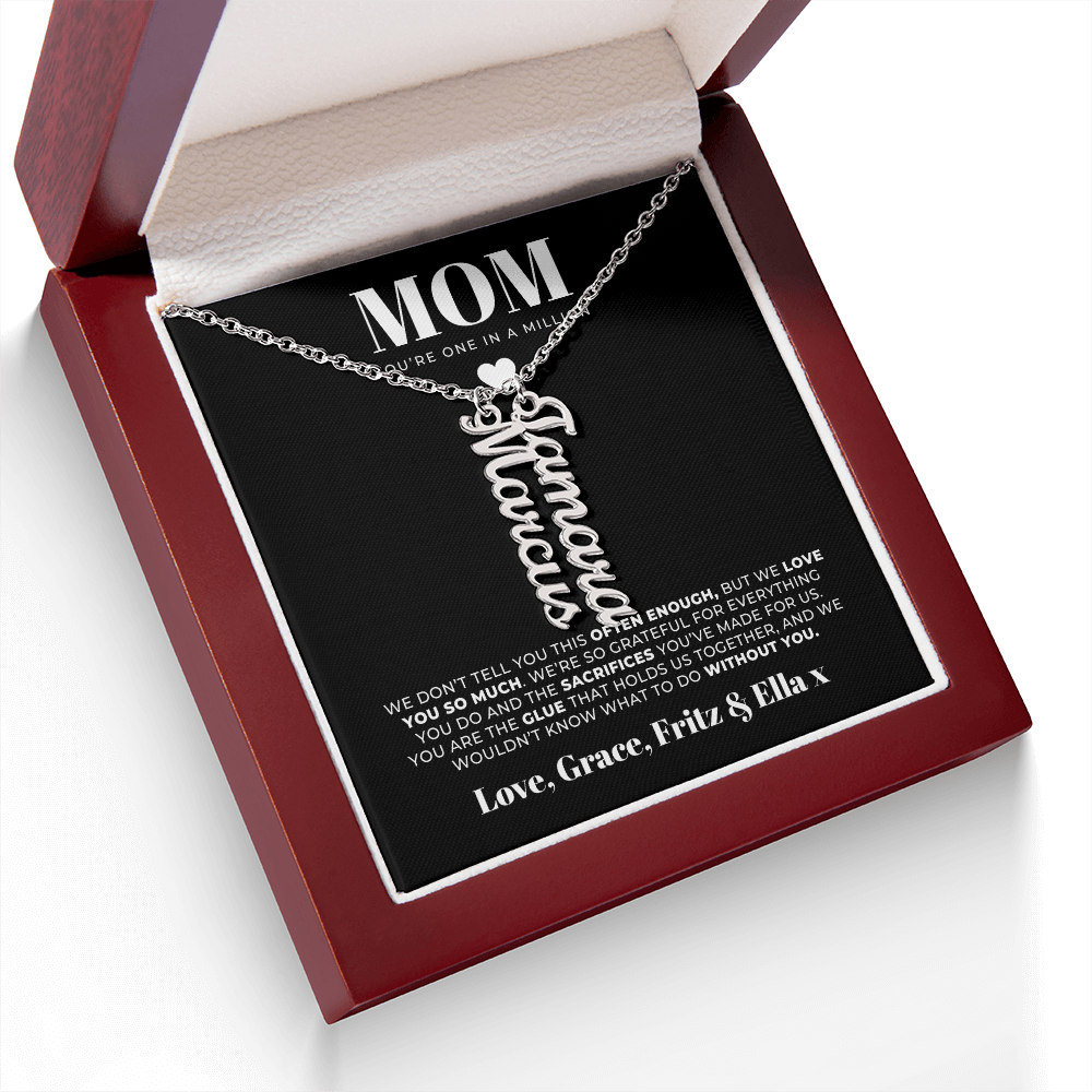 Custom silver 2 name necklace for mom in a stylish vertical design, paired with a meaningful message card in a luxury light up gift box.