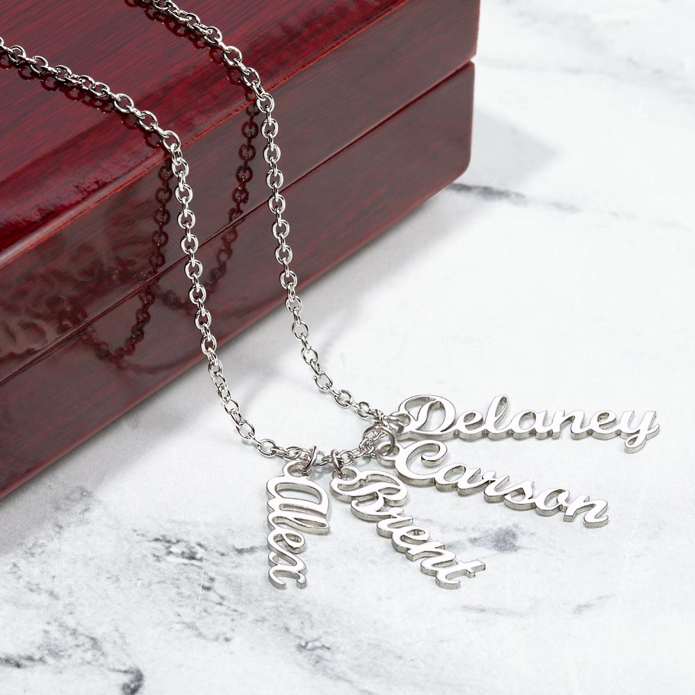 Custom silver 4 name necklace for mom in a stylish vertical design, paired with a meaningful message card inside a luxury lighted gift box