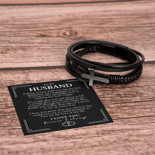 Stainless Steel Cross Leather Bracelet - Gift For Husband