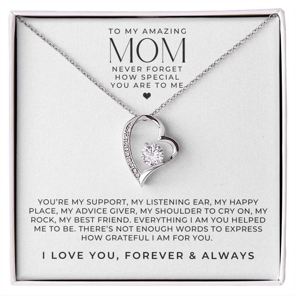 White gold heart pendant necklace gift for mom, with a loving messaage card inside the gift box.