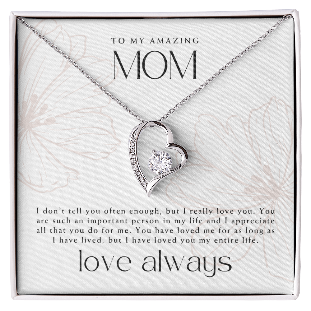 White gold heart pendant necklace gift for mom with a beautiful minimalist message card.