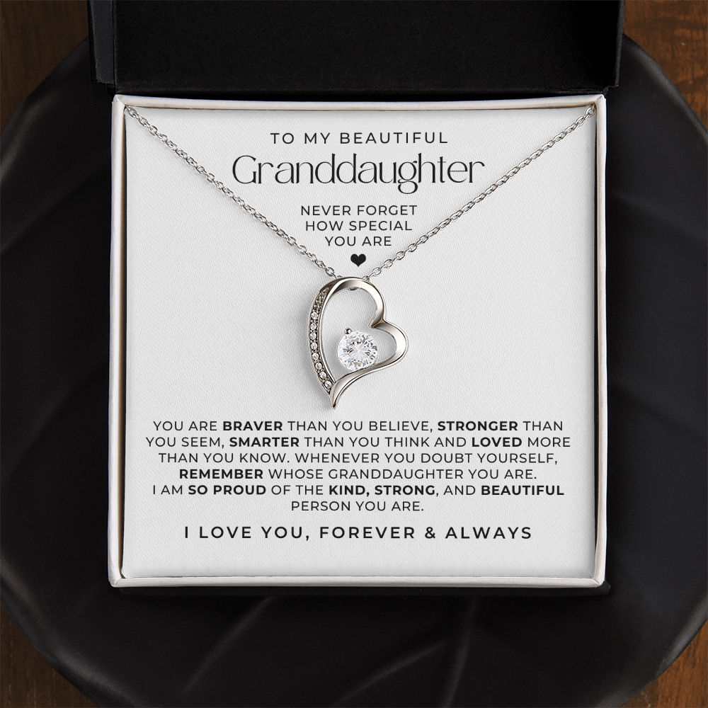 Beautiful white gold heart necklace for granddaughters, with a loving message card inside the gift box from grandma