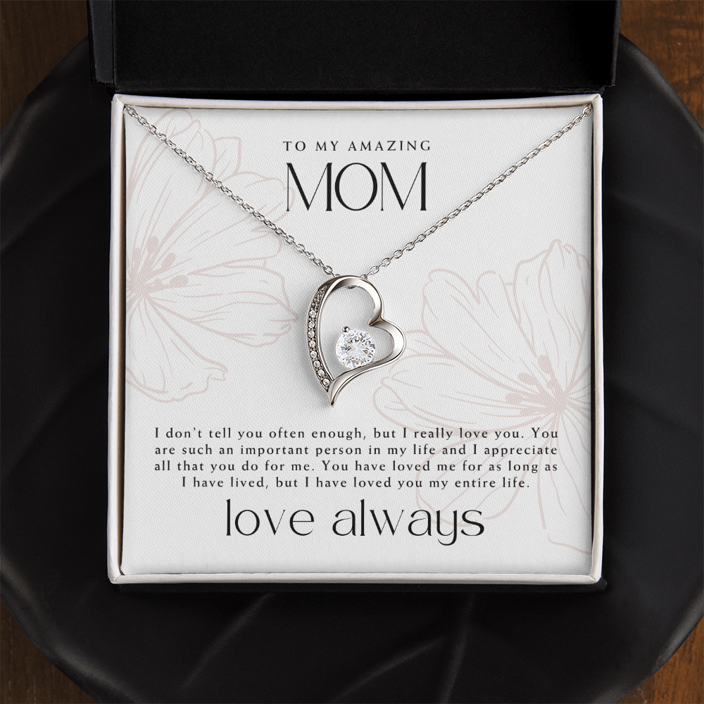 beautiful white gold necklace for mothers day, with a pretty message card inside the gift box. 