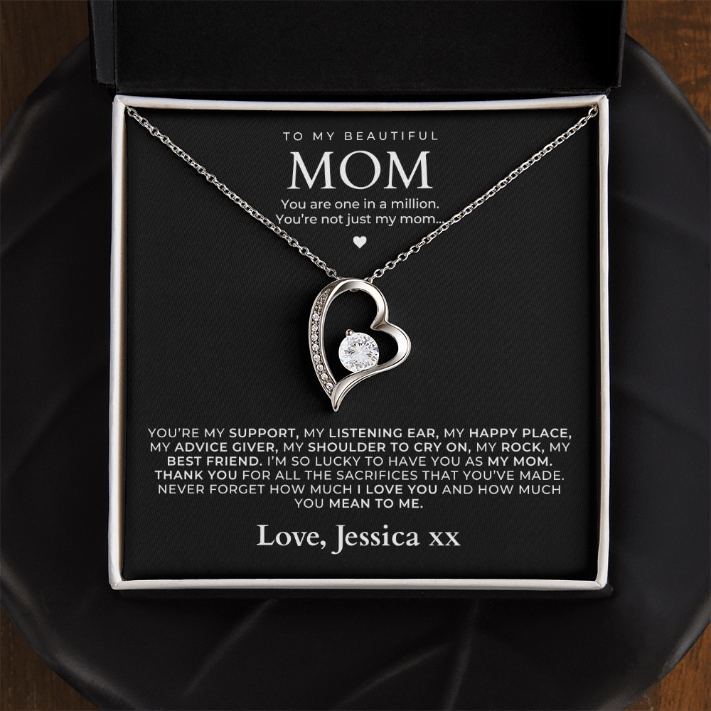 to my mom necklace gift set, with message card. White gold heart shaped pendant.