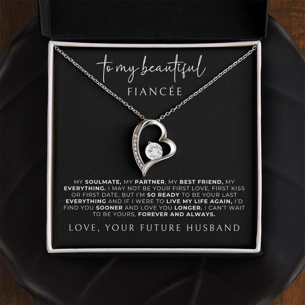 silver heart necklace for fiancee with romantic message card. 