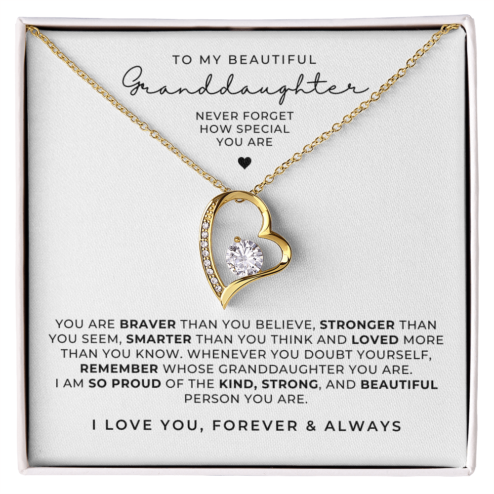 Gold heart necklace for granddaughter from grandma or grandpa, with a loving message card to say how proud you are.