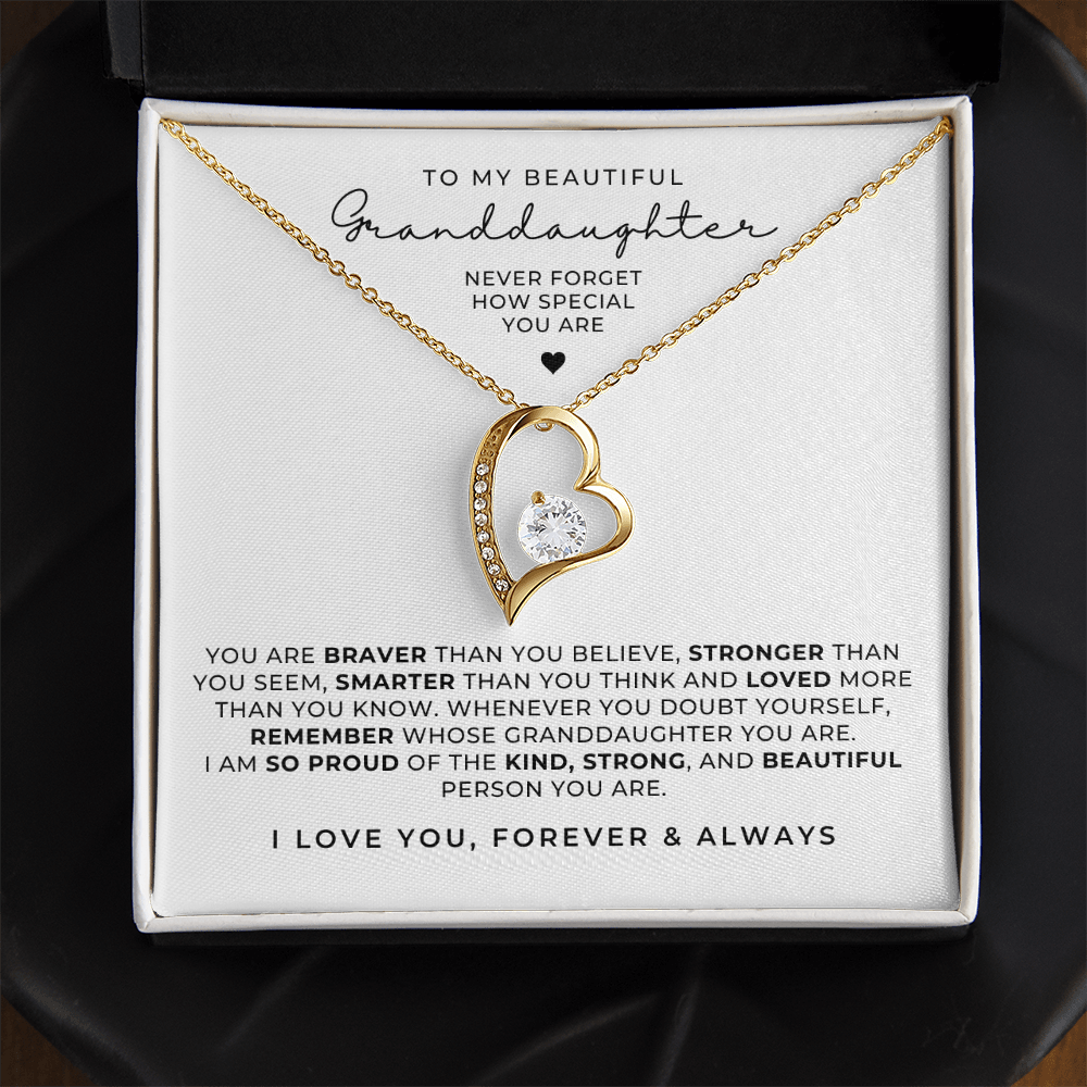 Gold heart necklace for granddaughter gift from grandma or grandpa, with a loving message card, perfect as a birthday gift. The Outlander Gifts.