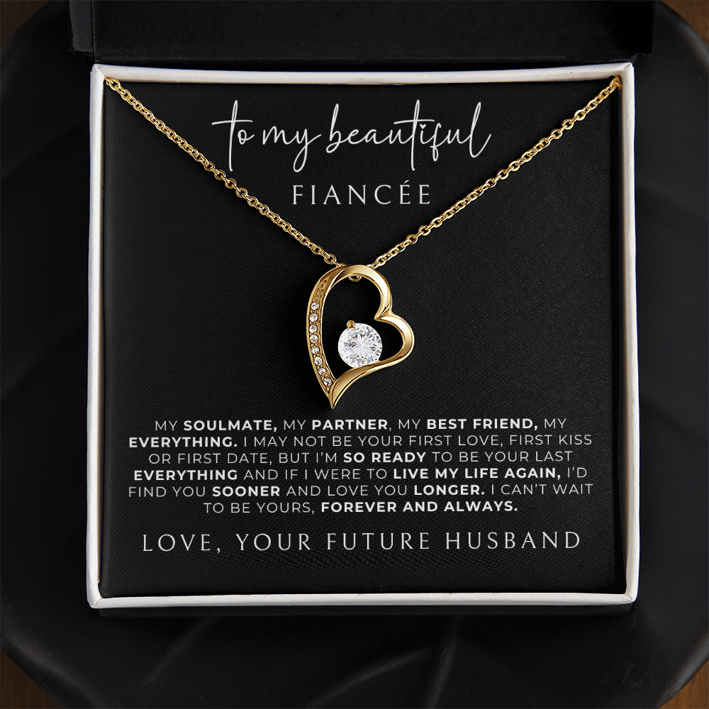 gold heart necklace for fiancee, with message card to show your love, perfect engagement present for her.