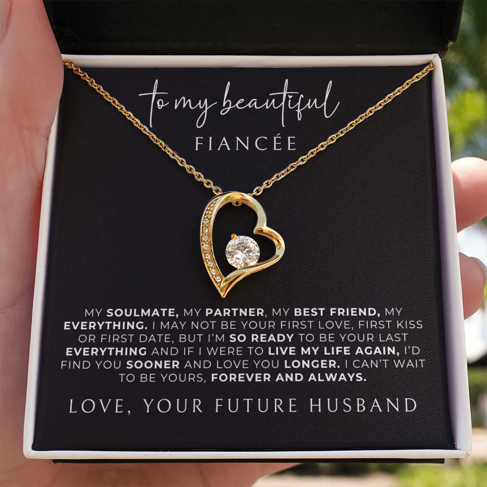 gold heart necklace with message card for future wife.