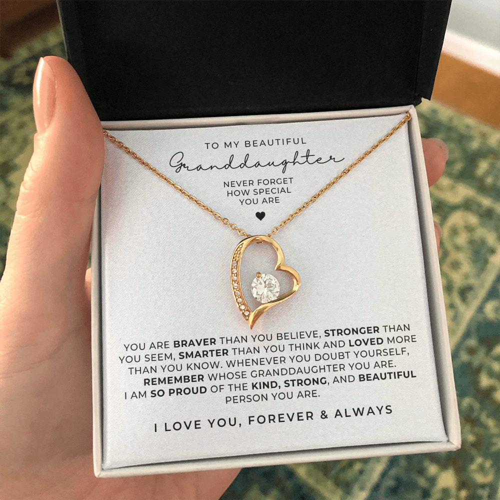 gold necklace for granddaughter from grandma with sweet message inside the gift box.