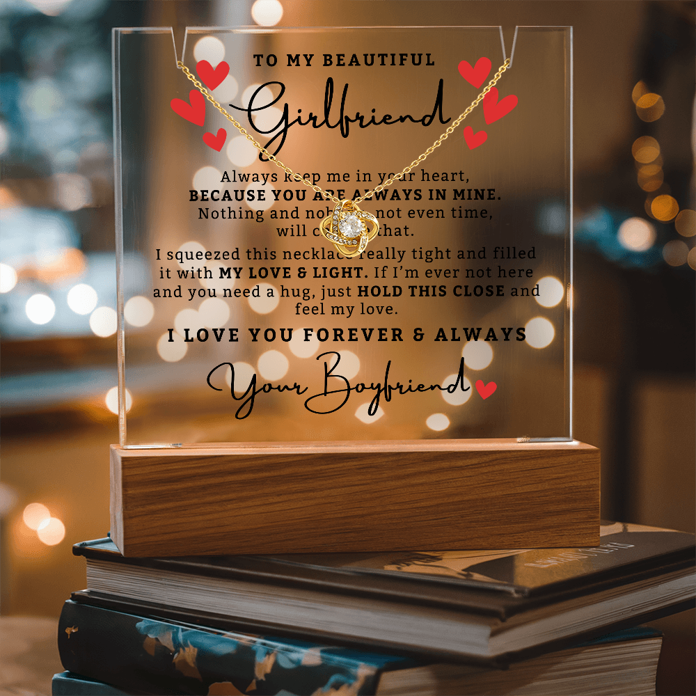 Romantic Light Up Plaque + Love Knot Necklace Gifts Set - For Girlfriend