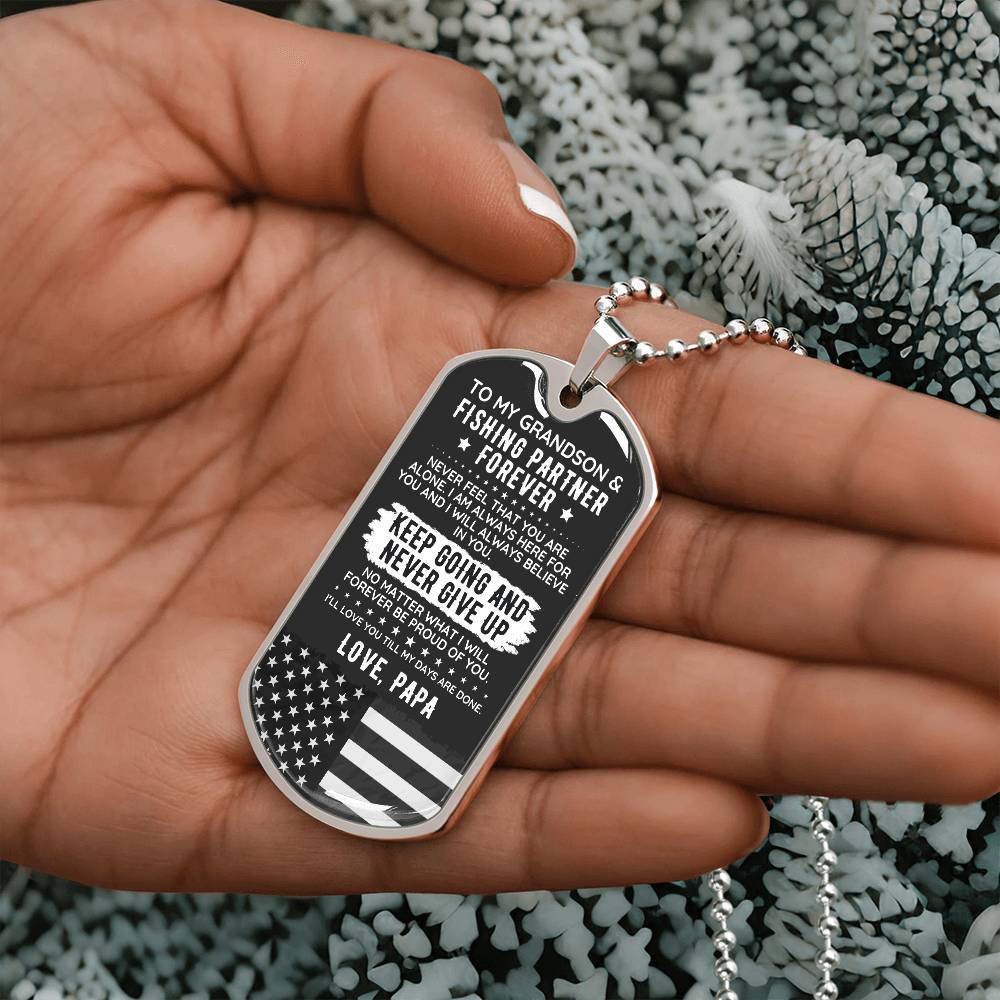 To My Grandson Dog Tag Necklace Gift Fishing USA - The Outlander Gifts