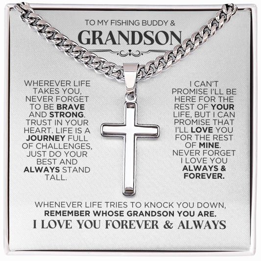 To My Grandson Fishing Buddy Cross Chain Necklace Gift - The Outlander Gifts